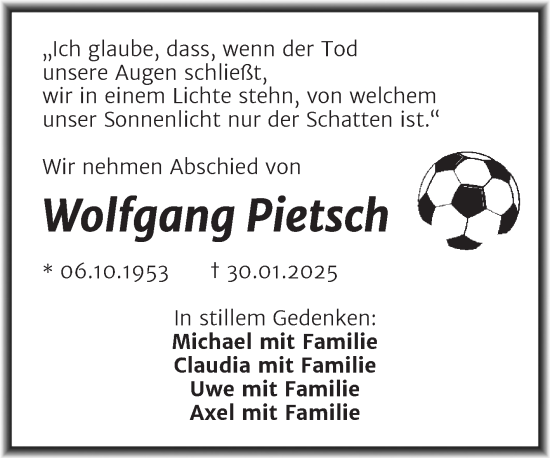 Traueranzeige von Wolfgang Pietsch von Trauerkombi Sangerhausen