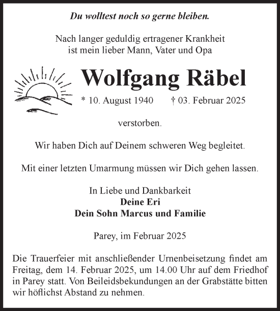 Traueranzeige von Wolfgang Räbel von Volksstimme Burg/Genthin