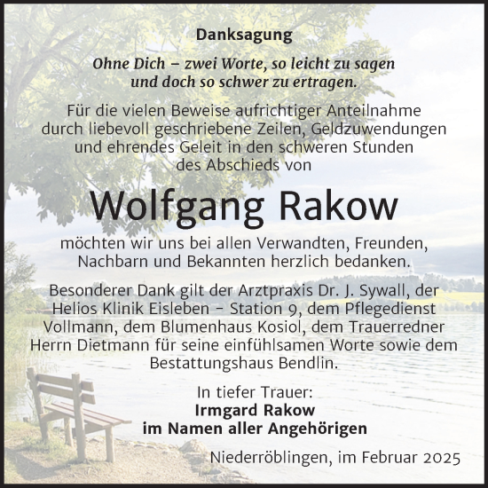 Traueranzeige von Wolfgang Rakow von Trauerkombi Sangerhausen