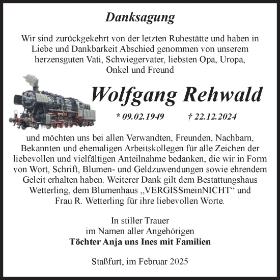 Traueranzeige von Wolfgang Rehwald von Volksstimme Staßfurt