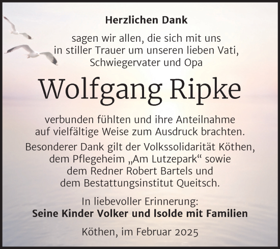 Traueranzeige von Wolfgang Ripke von Trauerkombi Köthen