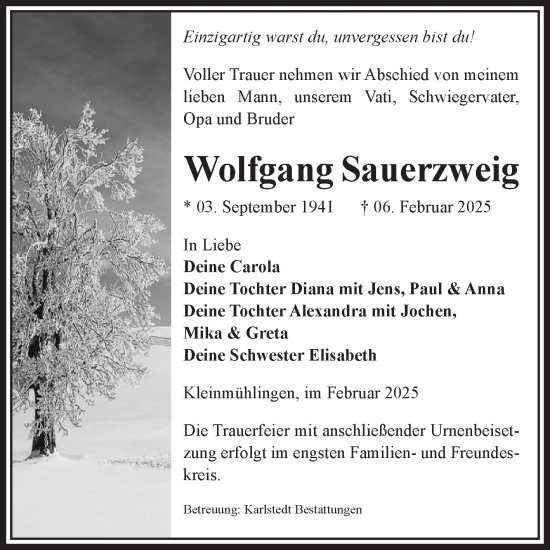 Traueranzeige von Wolfgang Sauerzweig von Volksstimme Schönebeck