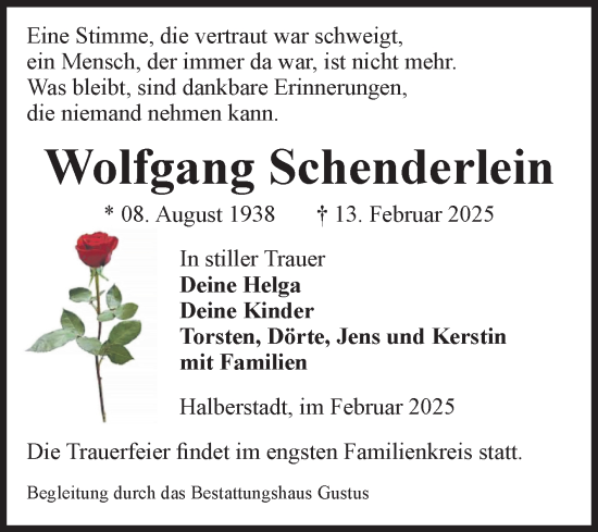Traueranzeige von Wolfgang Schenderlein von Volksstimme Halberstadt