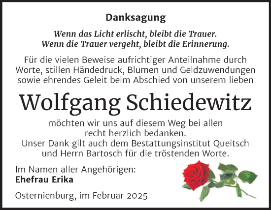 Traueranzeige von Wolfgang Schiedewitz von Trauerkombi Köthen