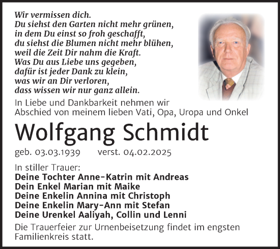 Traueranzeige von Wolfgang Schmidt von Trauerkombi Weißenfels