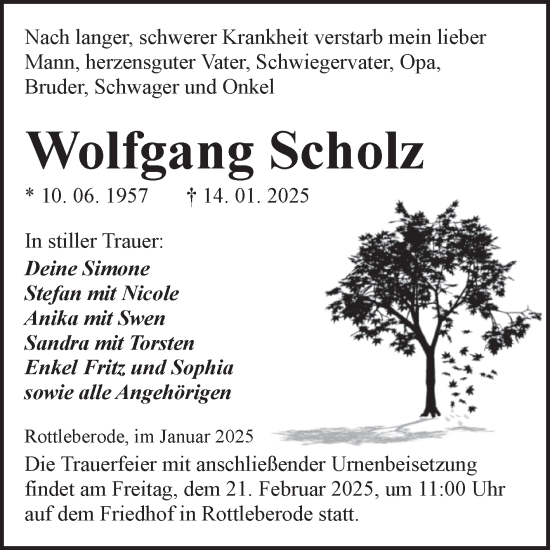 Traueranzeige von Wolfgang Scholz von Trauerkombi Sangerhausen