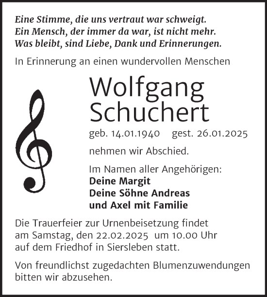 Traueranzeige von Wolfgang Schuchert von Trauerkombi Mansfelder Land