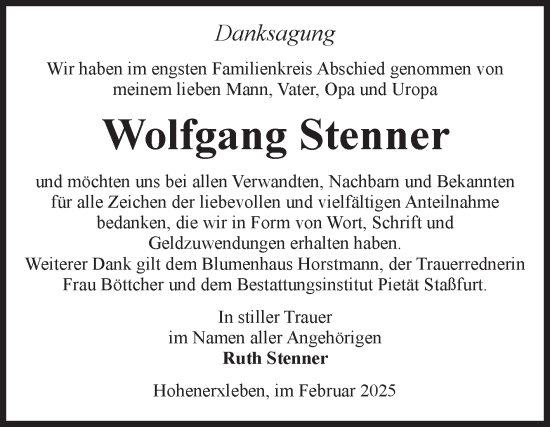 Traueranzeige von Wolfgang Stenner von Volksstimme Staßfurt