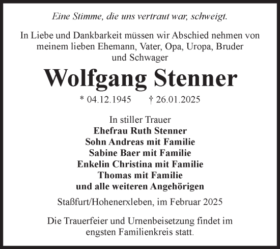 Traueranzeige von Wolfgang Stenner von Volksstimme Staßfurt