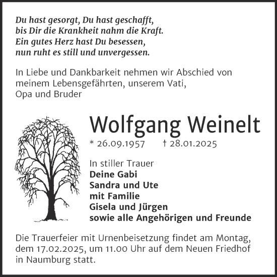 Traueranzeige von Wolfgang Weinelt von Super Sonntag Naumburg/Nebra