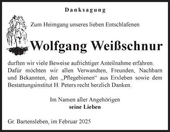 Traueranzeige von Wolfgang Weißschnur von Volksstimme Haldensleben/Wolmirstedt