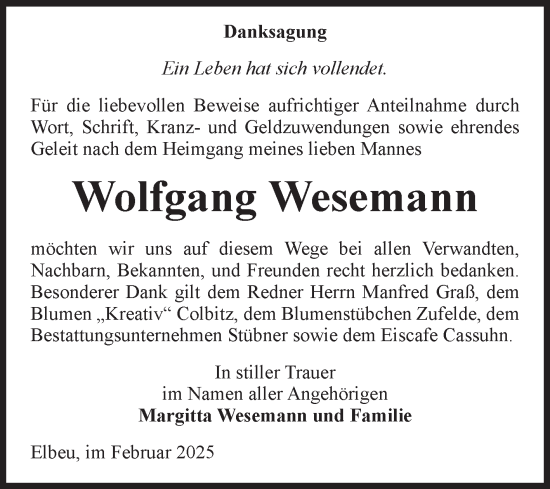 Traueranzeige von Wolfgang Wesemann von Volksstimme Haldensleben/Wolmirstedt