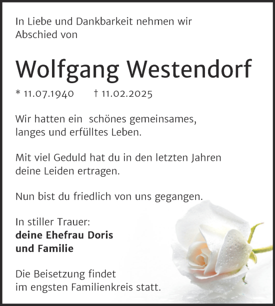 Traueranzeige von Wolfgang Westendorf von Trauerkombi Dessau