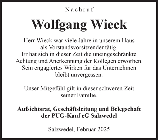 Traueranzeige von Wolfgang Wieck von Volksstimme Altmark West