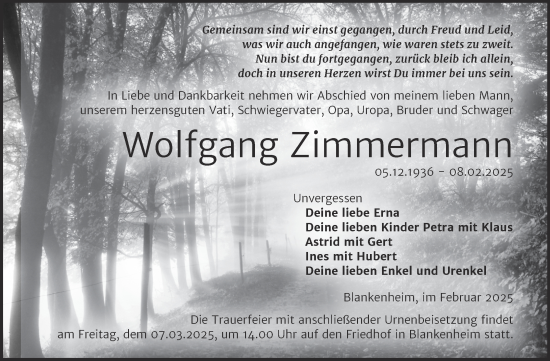 Traueranzeige von Wolfgang Zimmermann von Trauerkombi Sangerhausen