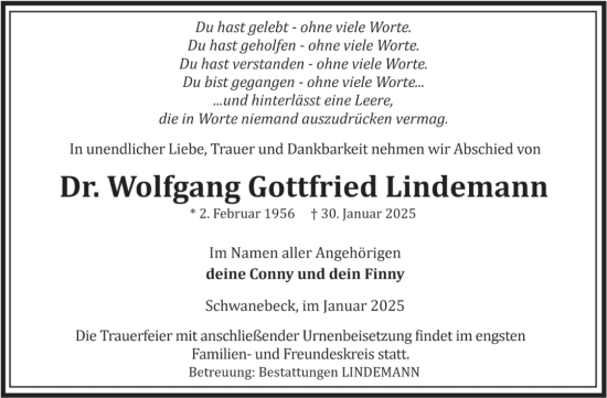 Traueranzeige von Wolfgang Gottfried Lindemann von Volksstimme Halberstadt