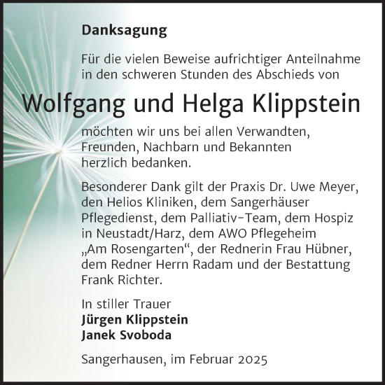 Traueranzeige von Wolfgang und Helga Klippstein von Mitteldeutsche Zeitung Sangerhausen