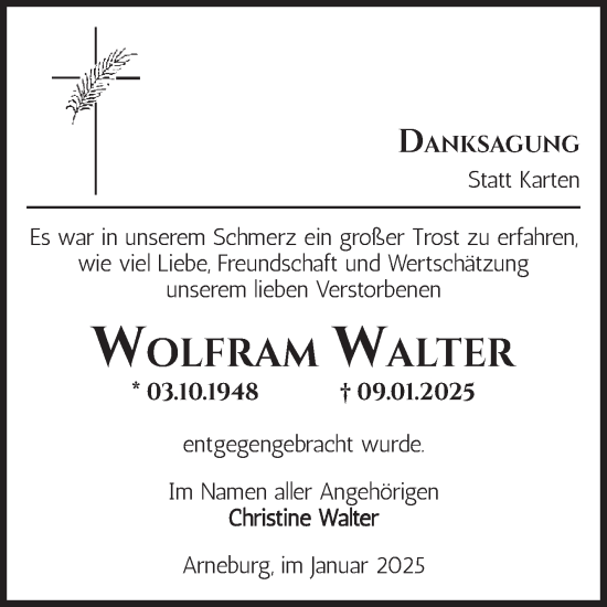 Traueranzeige von Wolfram Walter von Volksstimme Altmark Ost
