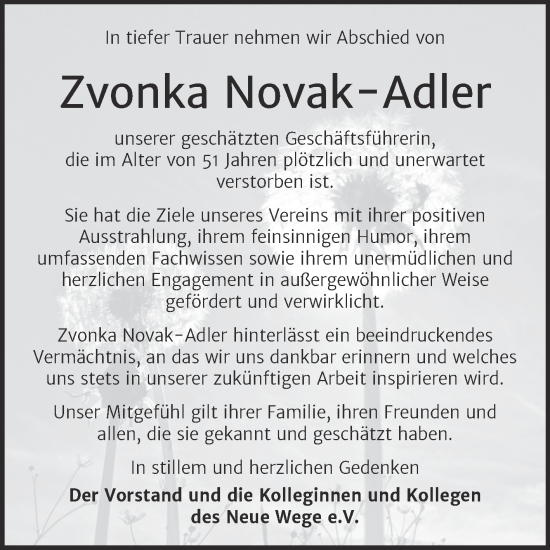 Traueranzeige von Zvonka Novak-Adler von Trauerkombi Dessau