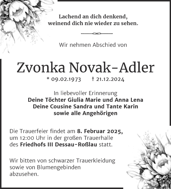 Traueranzeige von Zvonka Novak-Adler von Trauerkombi Dessau