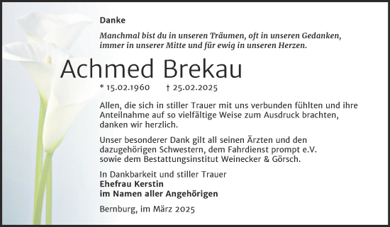 Traueranzeige von Achmed Brekau von Trauerkombi Bernburg