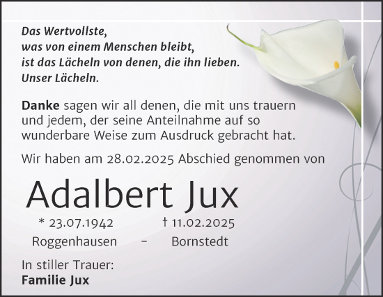 Traueranzeige von Adalbert Jux von Trauerkombi Mansfelder Land