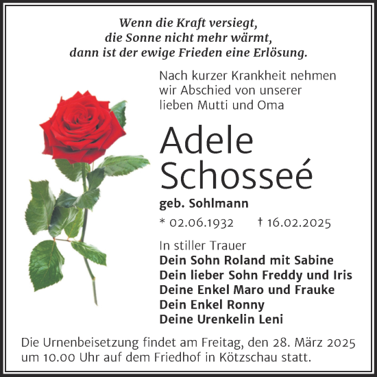 Traueranzeige von Adele Schosseé von Trauerkombi Merseburg