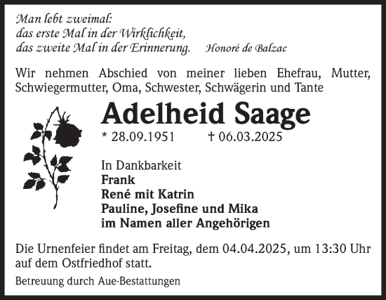 Traueranzeige von Adelheid Saage von Volksstimme Magdeburg