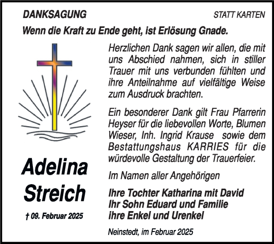 Traueranzeige von Adelina Streich von Trauerkombi Quedlinburg