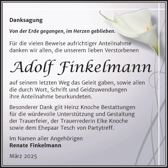 Traueranzeige von Adolf Finkelmann von Trauerkombi Aschersleben