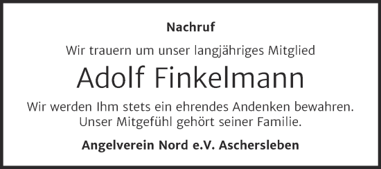 Traueranzeige von Adolf Finkelmann von Trauerkombi Aschersleben