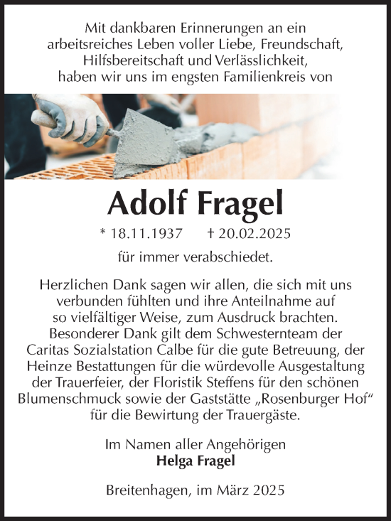 Traueranzeige von Adolf Fragel von Volksstimme Schönebeck