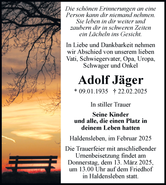 Traueranzeige von Adolf Jäger von Volksstimme Haldensleben/Wolmirstedt