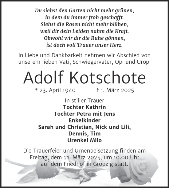 Traueranzeige von Adolf Kotschote von Trauerkombi Köthen