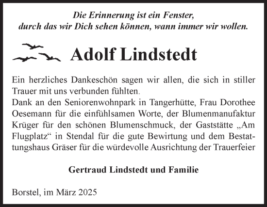 Traueranzeige von Adolf Lindstedt von Volksstimme Altmark Ost