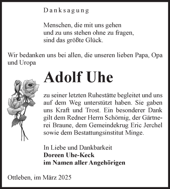 Traueranzeige von Adolf Uhe von Volksstimme Oschersleben/Wanzleben