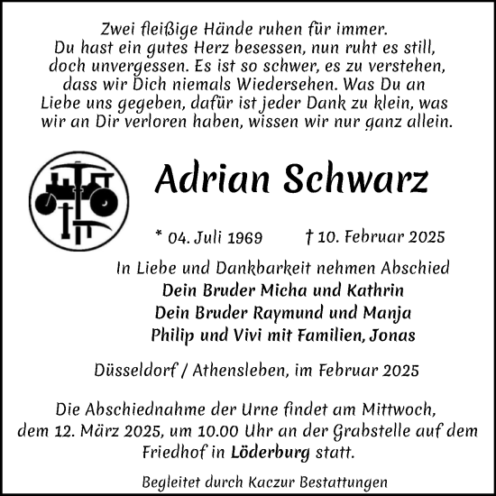 Traueranzeige von Adrian Schwarz 