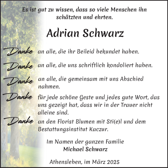 Traueranzeige von Adrian Schwarz 