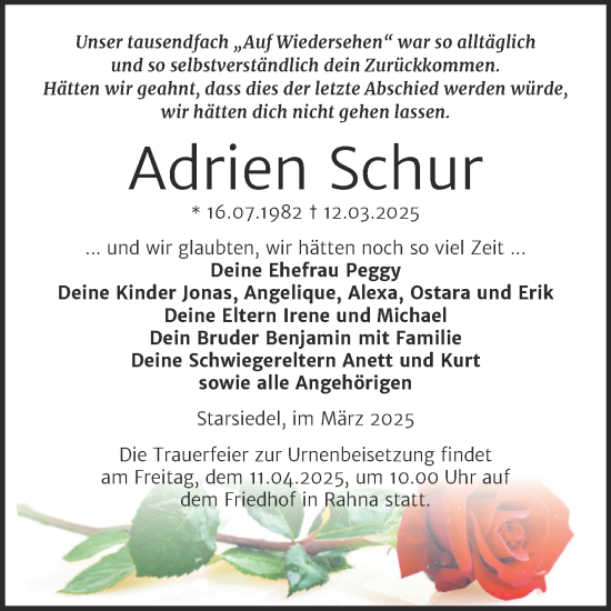 Traueranzeige von Adrien Schur von Trauerkombi Weißenfels