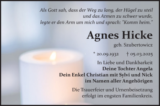 Traueranzeige von Agnes Hicke von Trauerkombi Bitterfeld