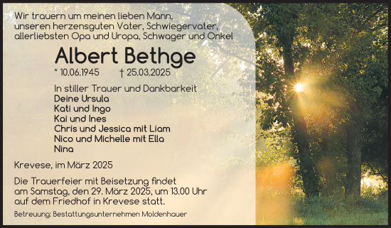 Traueranzeige von Albert Bethge von Volksstimme Altmark Ost