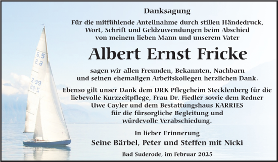 Traueranzeige von Albert Ernst Fricke von Trauerkombi Quedlinburg