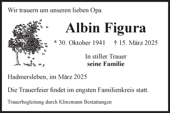 Traueranzeige von Albin Figura von Volksstimme Oschersleben/Wanzleben