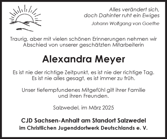 Traueranzeige von Alexandra Meyer von Volksstimme Altmark West