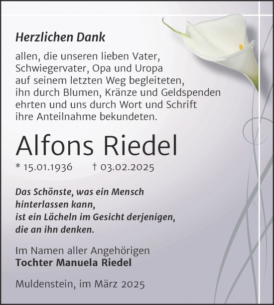 Traueranzeige von Alfons Riedel von Trauerkombi Bitterfeld