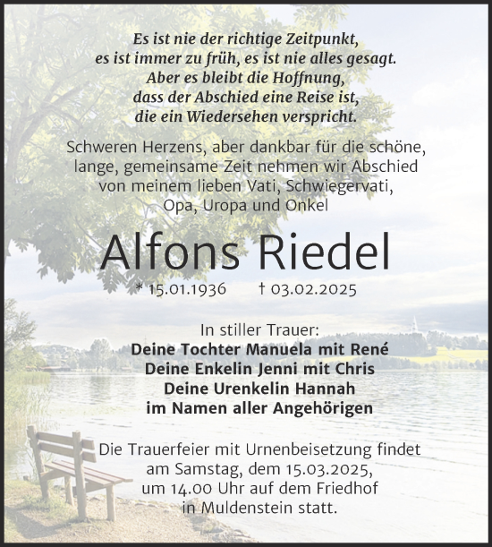 Traueranzeige von Alfons Riedel von Trauerkombi Bitterfeld
