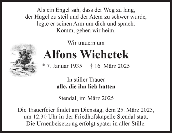 Traueranzeige von Alfons Wiehetek von Volksstimme Altmark Ost