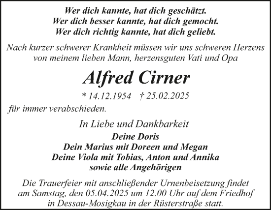 Traueranzeige von Alfred Cirner von Trauerkombi Dessau