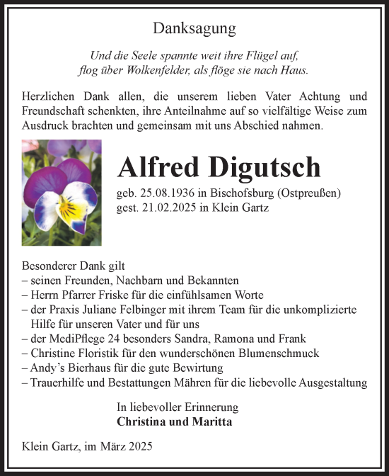 Traueranzeige von Alfred Digutsch von Volksstimme Altmark West