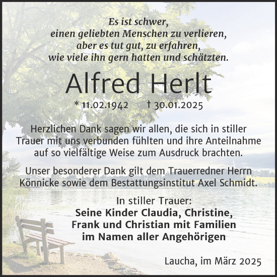 Traueranzeige von Alfred Herlt von Naumburger Tageblatt